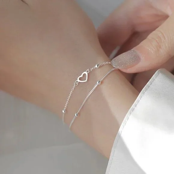 925 Sterling Silver Double Layer Bracelet Heart For Women Sweet Chain St… - Picture 4 of 6